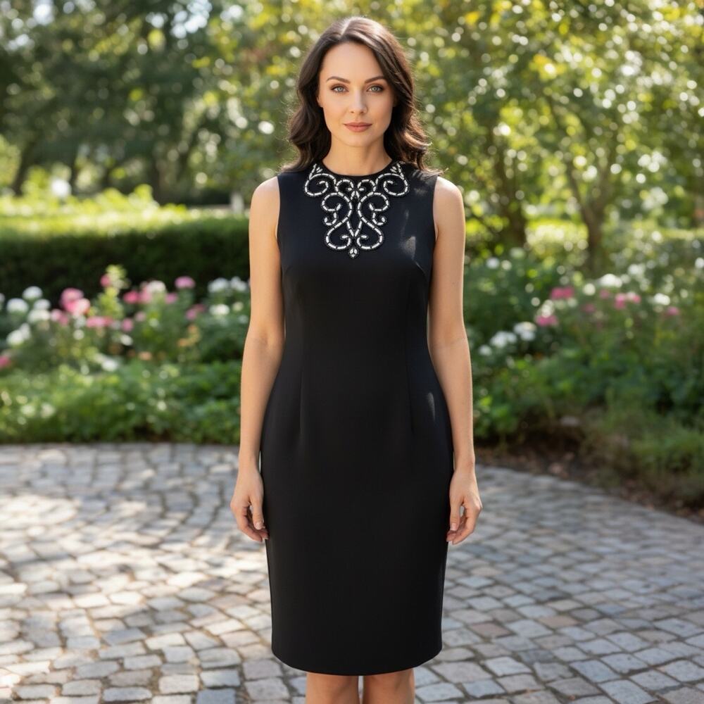 New Directions Black Sleeveless Sheath Midi Dress Embellished Neckline Size 16